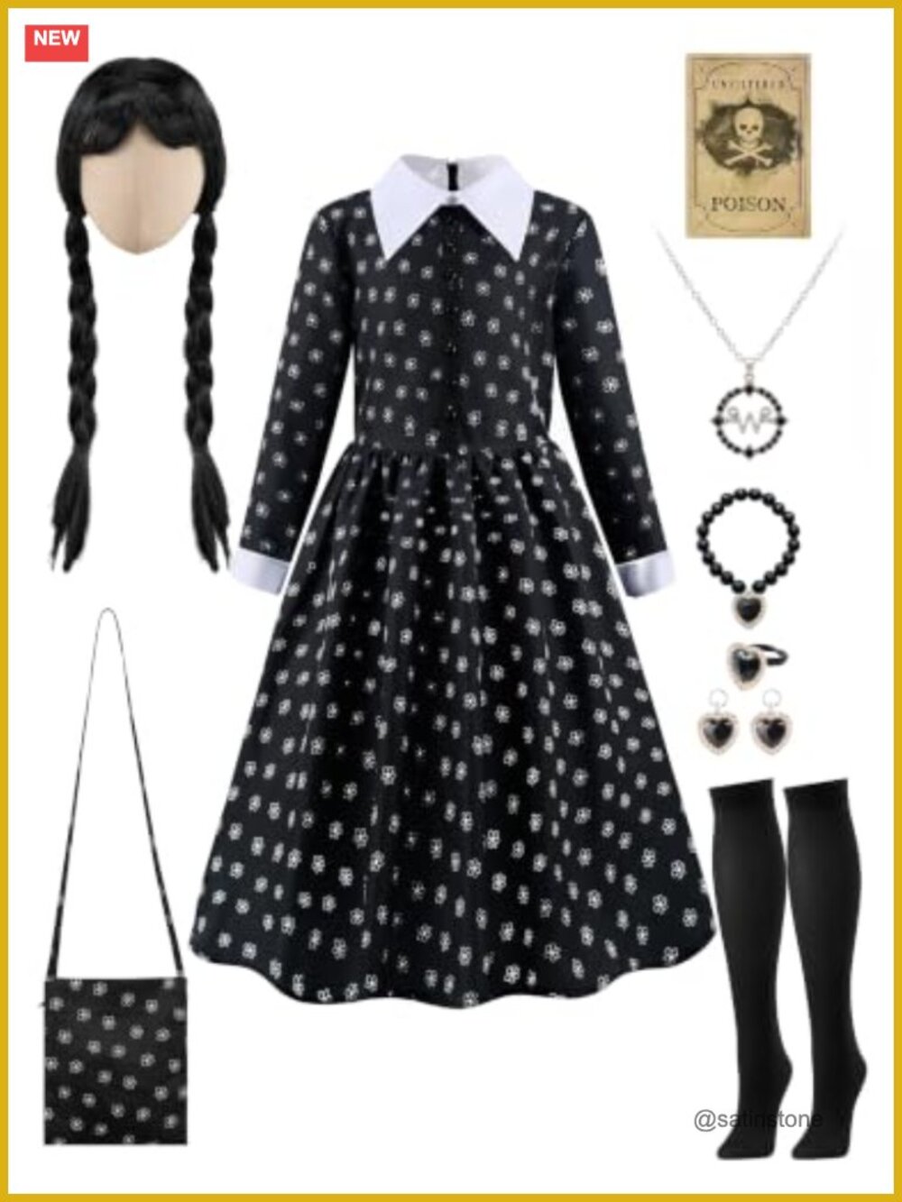 Girls Halloween Costume Black Floral Dress with Wig Socks Set